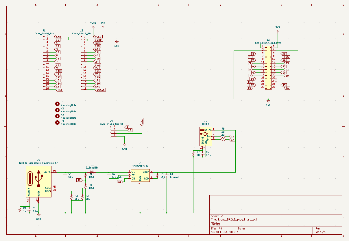 Early BREAD Prog circuit schematic; key connections are described in the text below