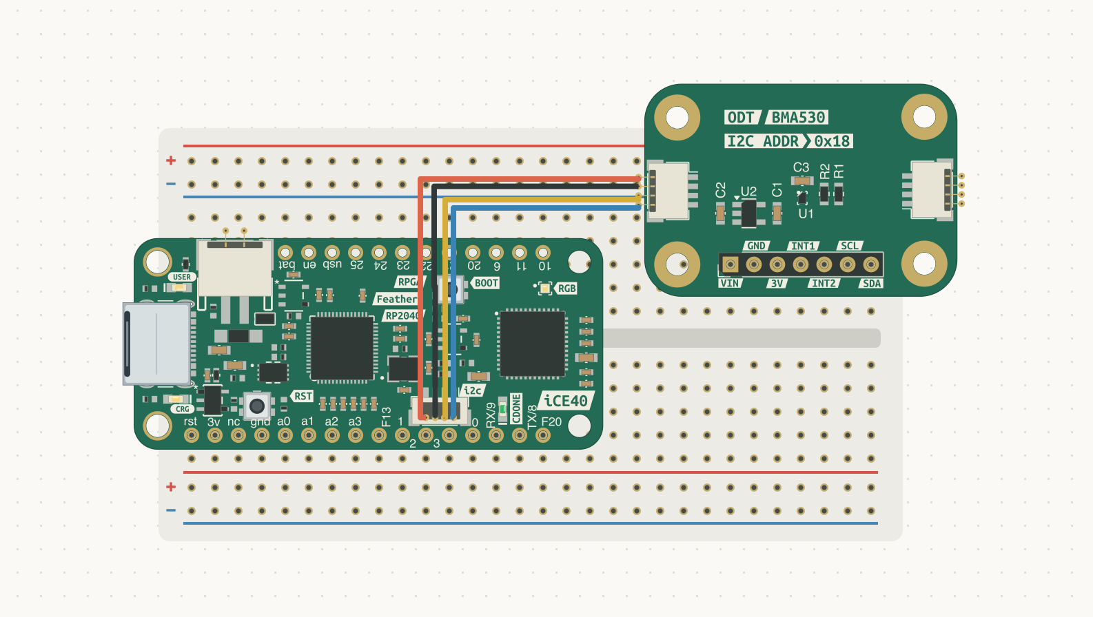Graphical Circuits wiring diagram showing an RPGA Feather connected to a BMA530 sensor board on a virtual breadboard